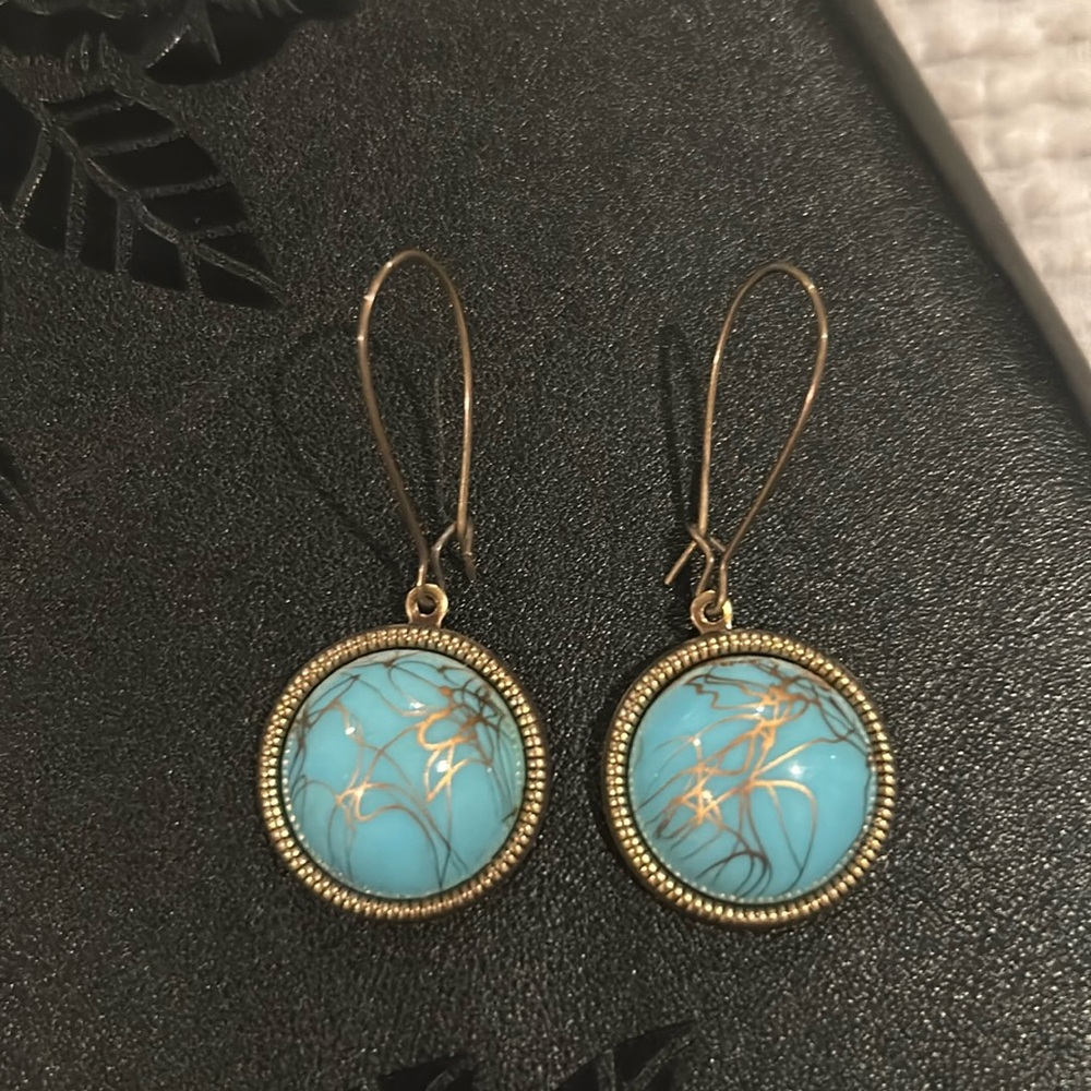 Aqua/ Teal and Gold Handmade Button Earrings